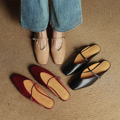 Miral genuine leather mules, pointed slip-ons with metal strap, apricot, maroon, and black