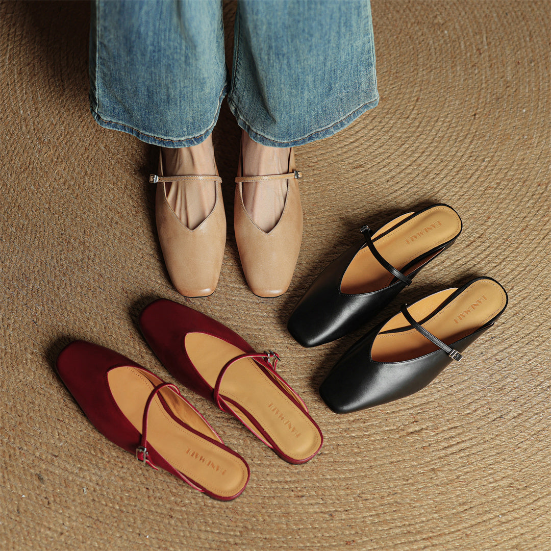 Miral genuine leather mules, pointed slip-ons with metal strap, apricot, maroon, and black