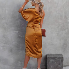 One-shoulder satin silk party dress in gold with ruched bodice and midi length