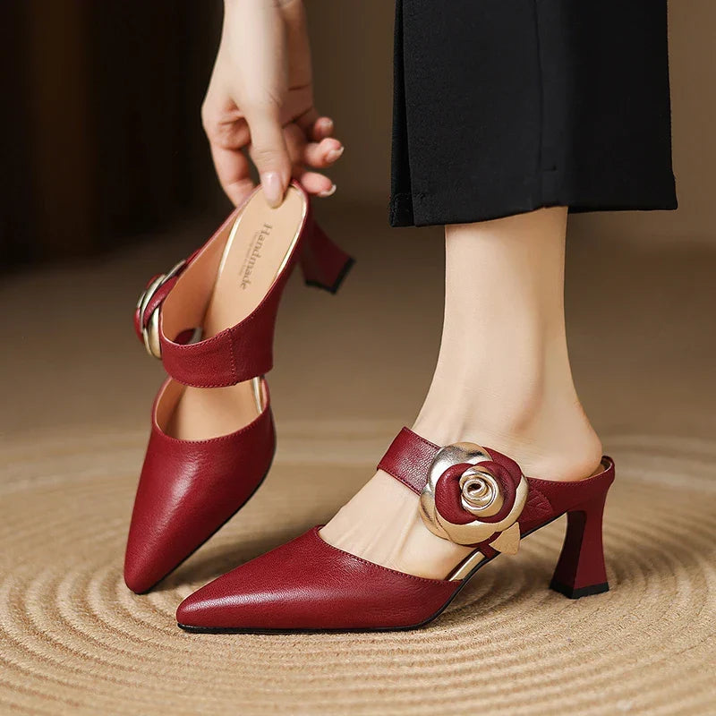 Maroon genuine leather pointed-toe heels with slingback strap and rose buckle detail