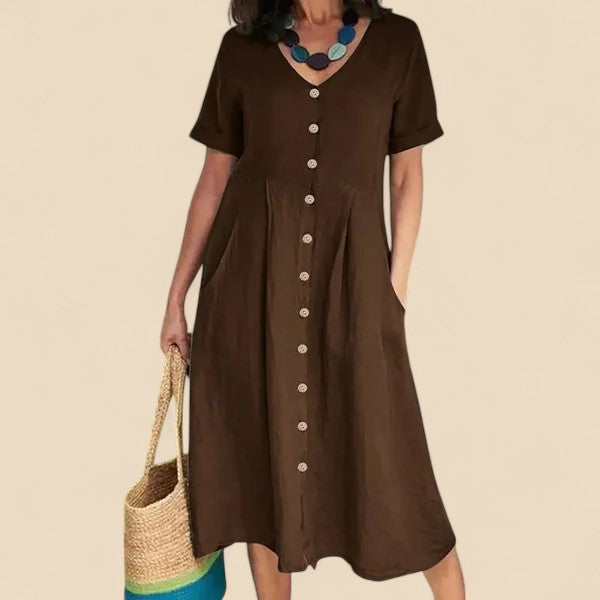 Brown short-sleeve button-front V-neck midi dress with gathered waist