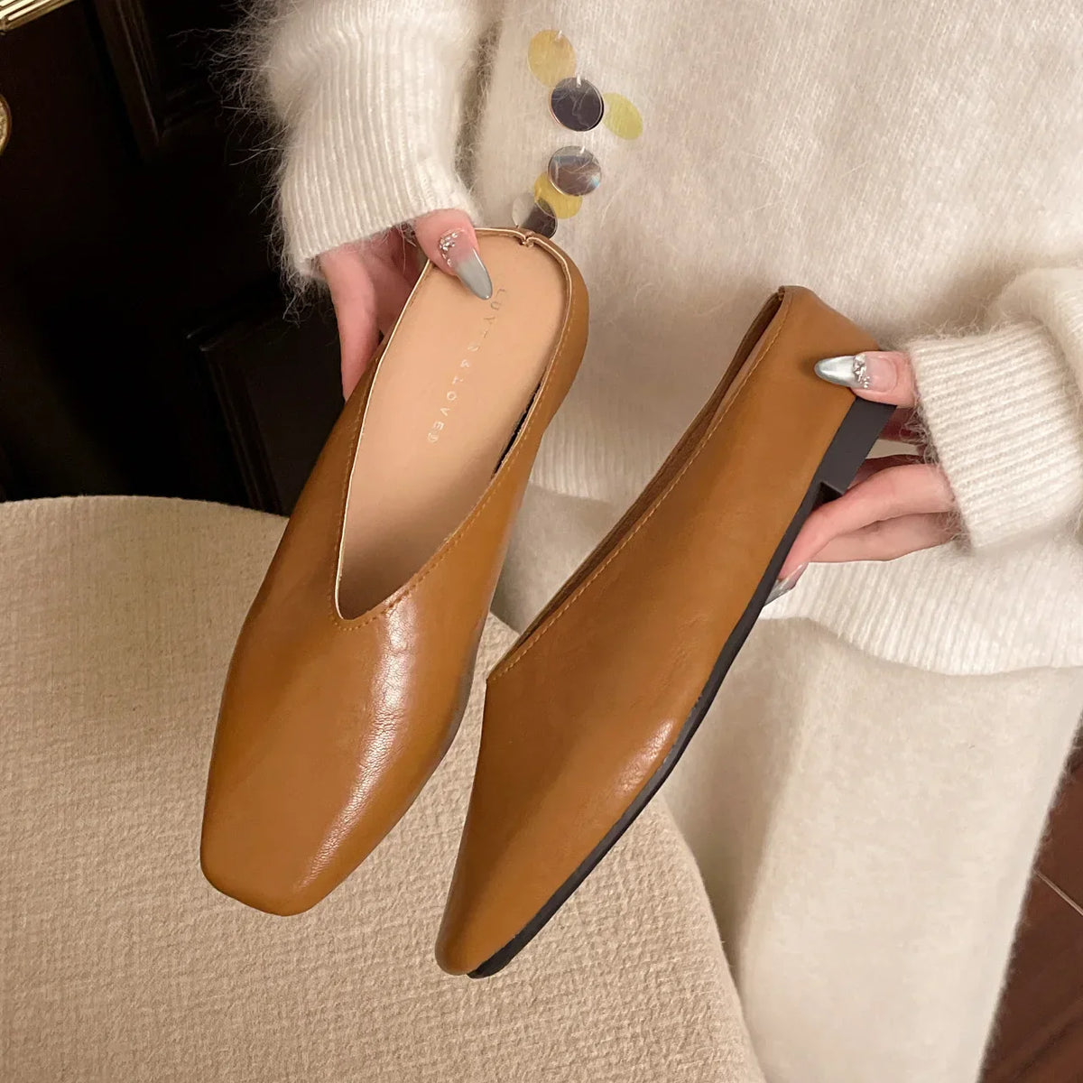 Lyra mules tan/brown leather-look with open back and low block heel, side view