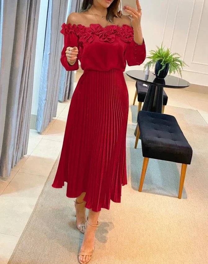 Delissa™ off-shoulder maxi dress, red with ruffled neckline and pleated skirt