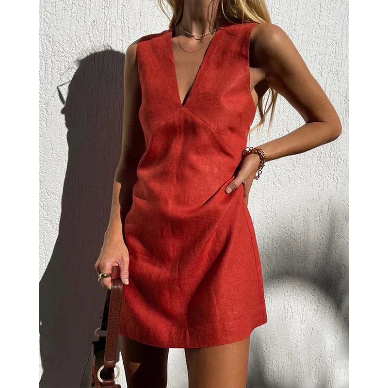 Red linen-look V-neck mini dress, sleeveless with draped front panel