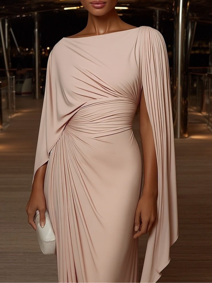 Peach pleated drape maxi dress with side draping and flowing sleeve panels