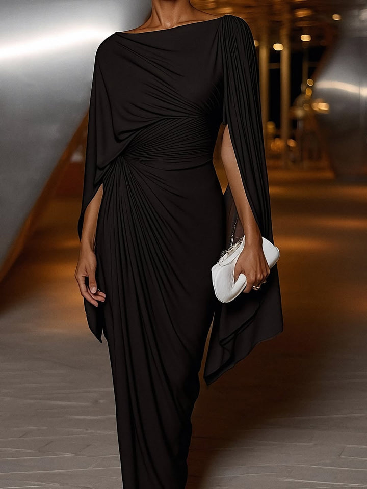 Black pleated drape maxi dress with twisted bodice and cape-like sleeves
