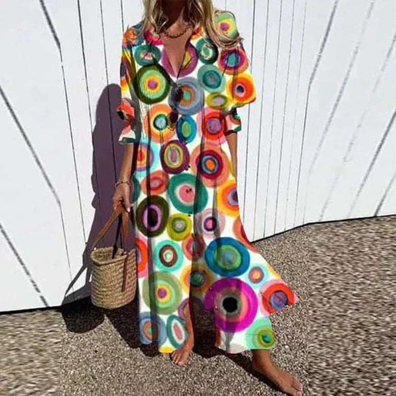 Boho maxi dress with colorful circular print, V-neck, and short sleeves
