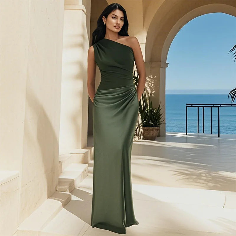 One-shoulder maxi dress in olive green, one-shoulder draped detail and long hem