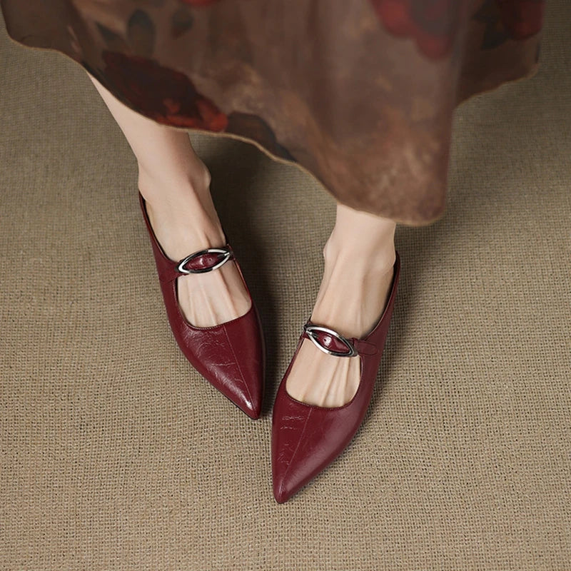 Alour genuine leather maroon mules with silver buckle slingback and pointed toe