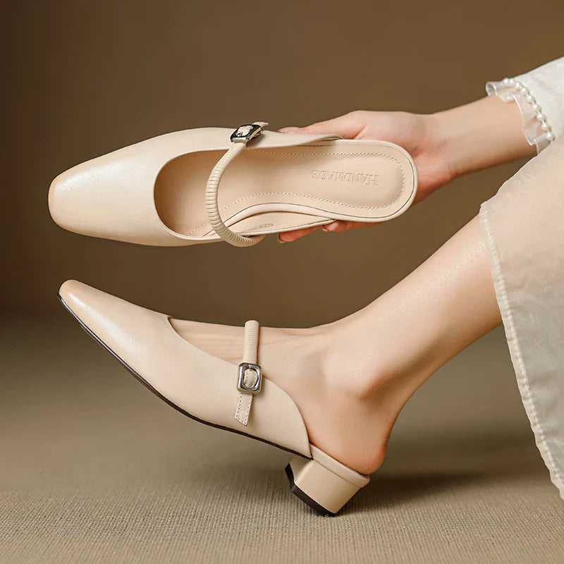 Beige genuine leather Mary Jane mules with elastic strap and square toe block heel