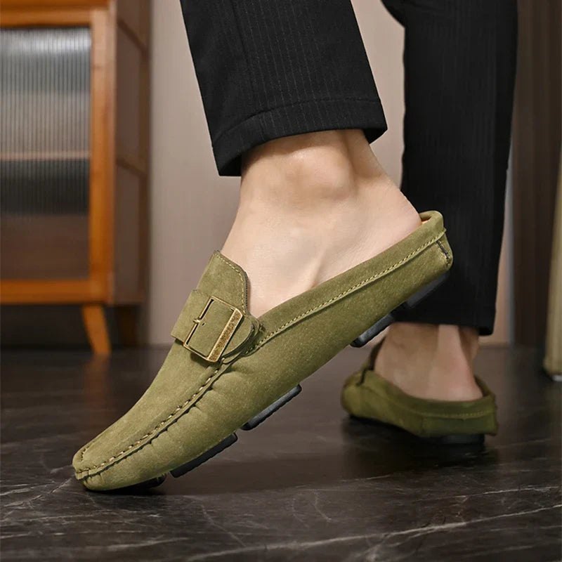 Olive green suede mules with square buckle strap, side stitching, slip-on casual shoes