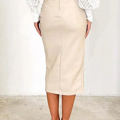 Beige leather midi skirt with wrap drape and front slit