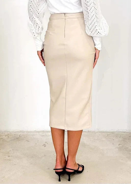 Beige leather midi skirt with wrap drape and front slit