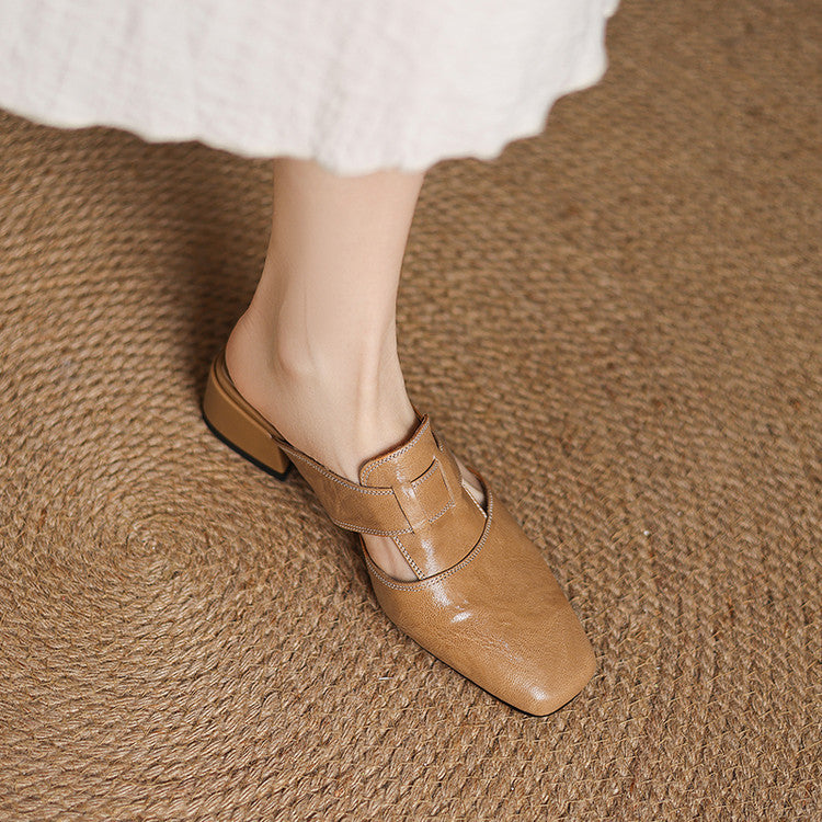 Apricot genuine leather mule with buckle strap and low heel