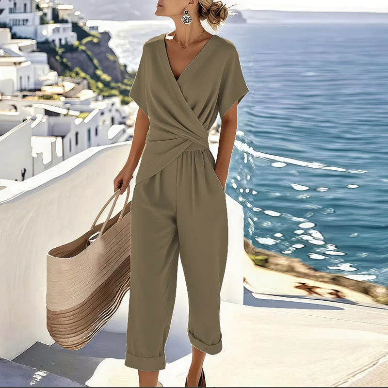 Wrap V-neck two-piece set with draped top and cropped wide-leg pants, khaki