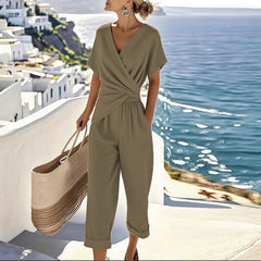 Khaki wrap V-neck short-sleeve two-piece set with matching ankle-length pants