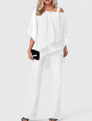 White draped off-shoulder top and wide-leg pants two-piece set