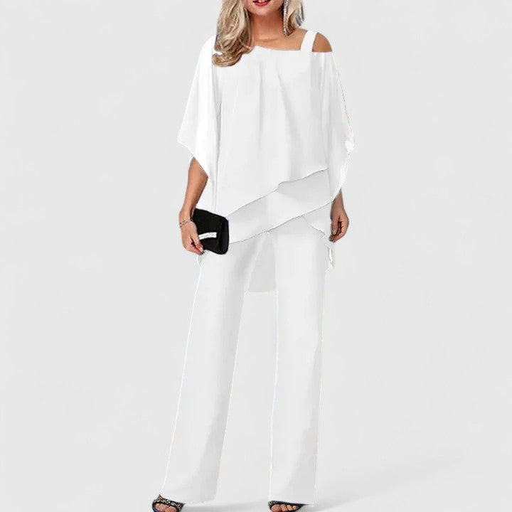 White draped off-shoulder top and wide-leg pants two-piece set