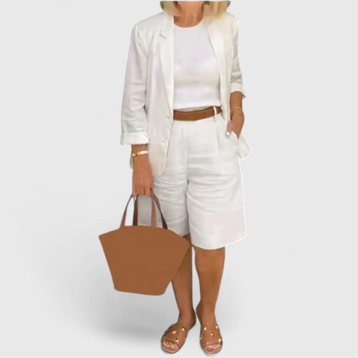 White 2-piece suit set with blazer jacket and shorts, with a brown waist belt
