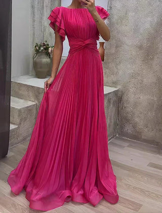 Pink pleated evening dress with ruffle sleeves and gathered belted waist