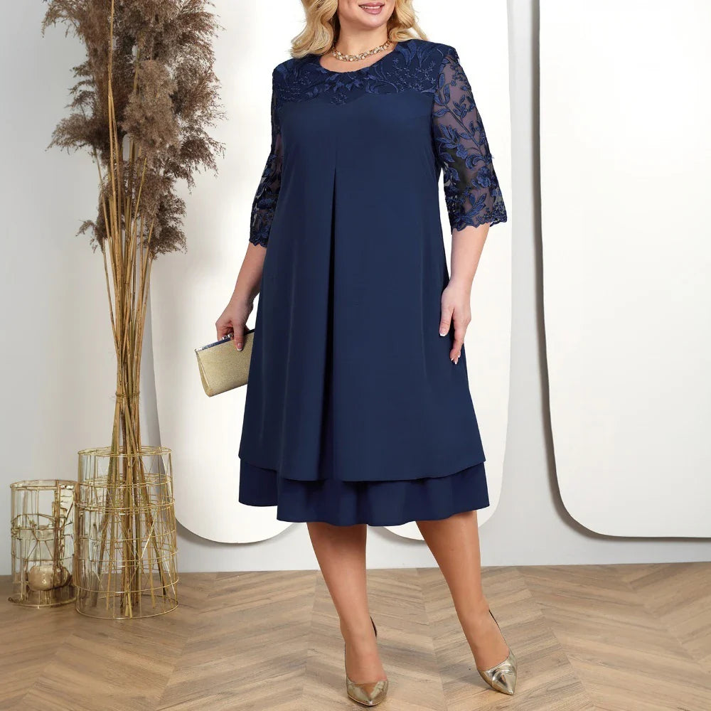 Navy chiffon lace midi dress with 3/4 lace sleeves and scalloped layered hem