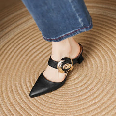 Garnet genuine leather heels with pointed toe, slingback strap, and gold-tone buckle