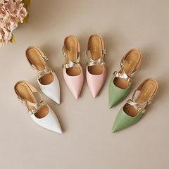 Assorted colored leather mules: white, pink, green with pointed toe and gold straps.