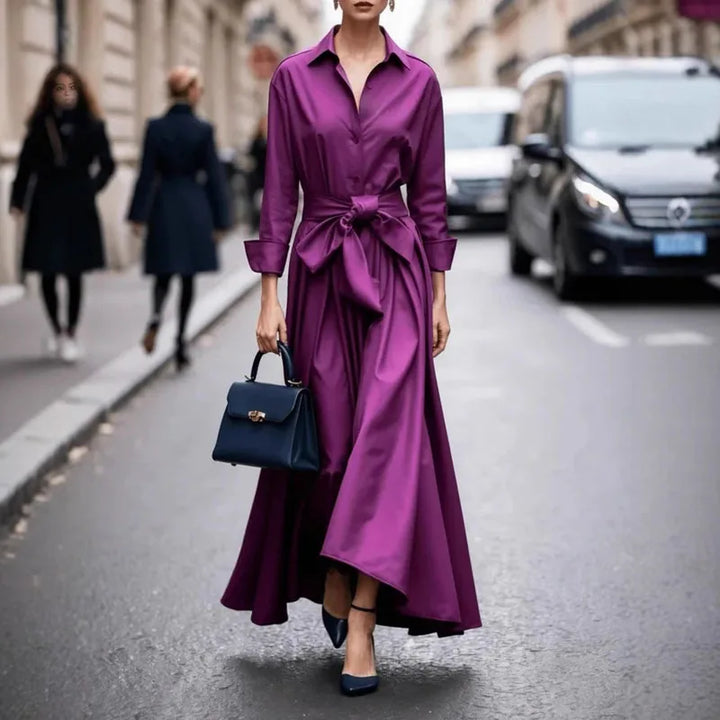 Purple button-front maxi dress with shirt collar and knotted waist, flowing skirt