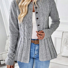 Gray ribbed cardigan with button front, long sleeves, and peplum hem