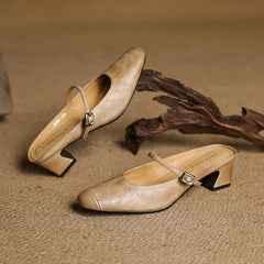 Apricot genuine leather mules with textured pattern, square toe, and block heel