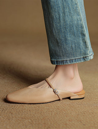 Miral genuine leather mules in apricot, pointed flats with thin strap and buckle