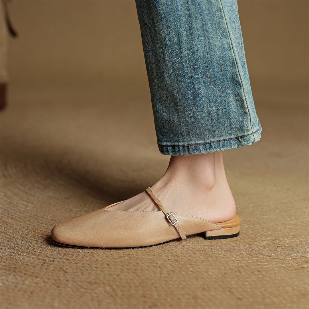 Miral genuine leather mules in apricot, pointed flats with thin strap and buckle