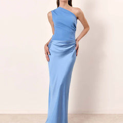 One-shoulder maxi dress in light blue, sleeveless fitted bodycon with long skirt