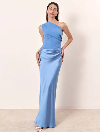 One-shoulder maxi dress in light blue, sleeveless fitted bodycon with long skirt