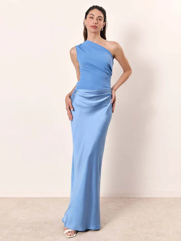 One-shoulder maxi dress in light blue, sleeveless fitted bodycon with long skirt