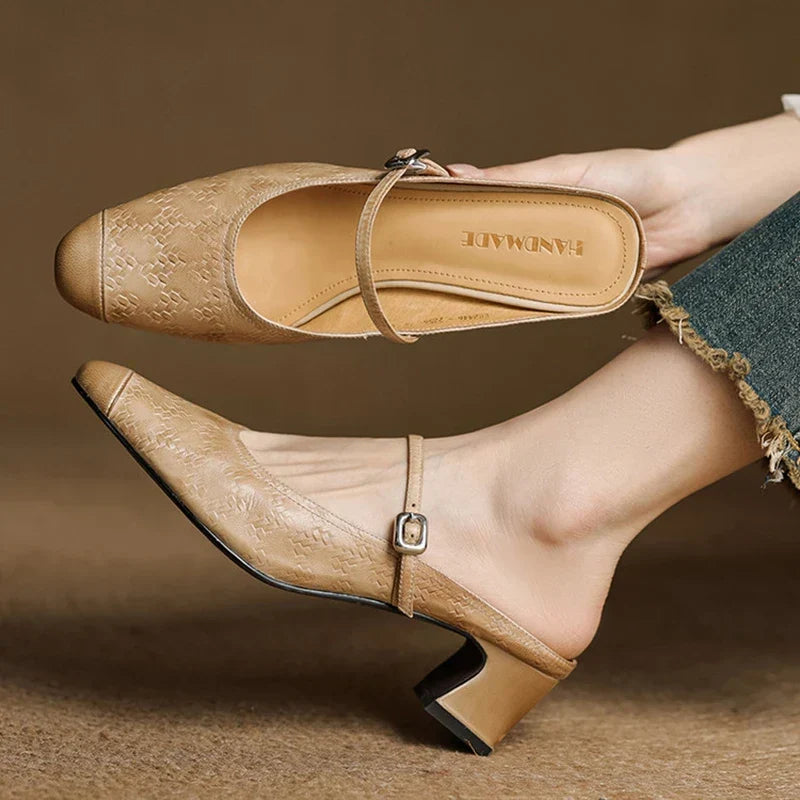 Apricot genuine leather mules with textured finish, square toe, and ankle strap