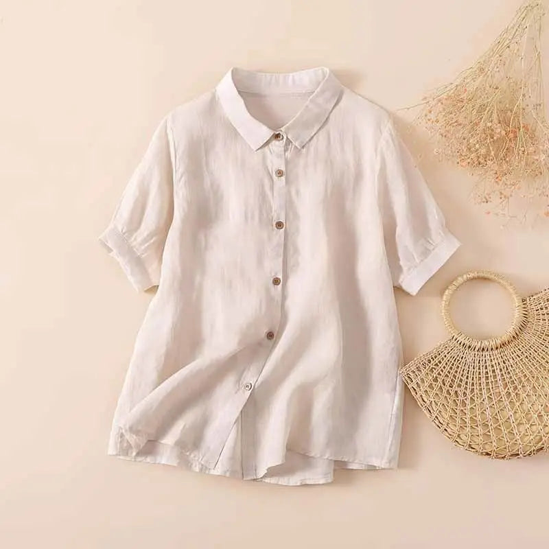 White short-sleeve button-up shirt with point collar and front buttons