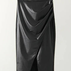 Black leather midi skirt on hanger with wrap drape and front slit