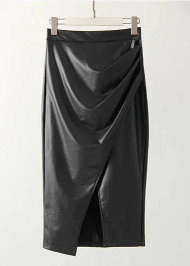 Black leather midi skirt on hanger with wrap drape and front slit