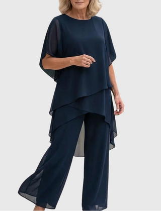 Navy chiffon palazzo set with layered dolman top and flowing wide-leg pants