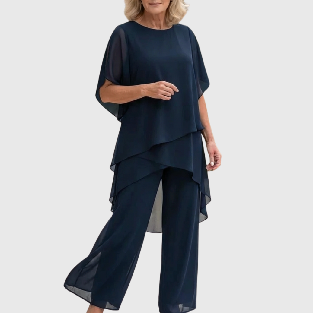 Navy chiffon palazzo set with layered dolman top and flowing wide-leg pants