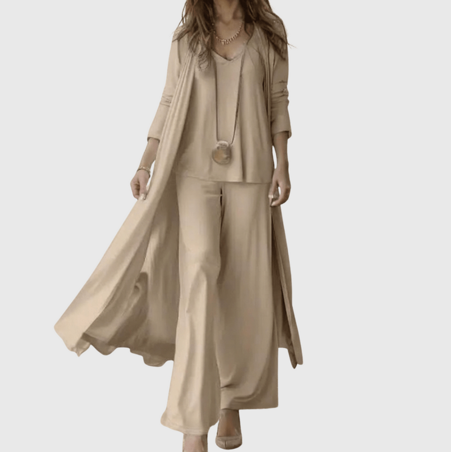 Taupe 3-piece long tunic set with draped cardigan and matching wide-leg pants