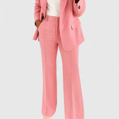 Pink two-piece blazer and wide-leg trousers set with notched lapels