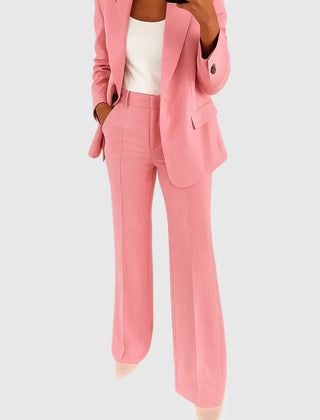 Pink two-piece blazer and wide-leg trousers set with notched lapels
