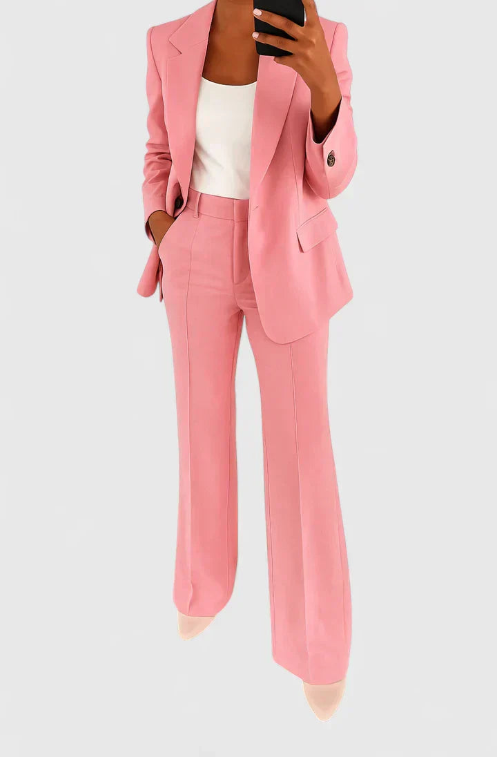 Pink two-piece blazer and wide-leg trousers set with notched lapels