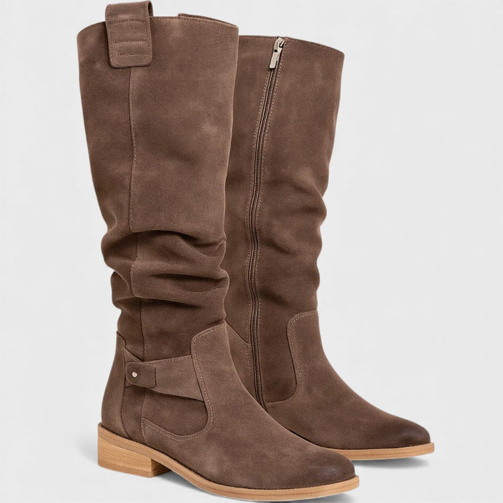 Bree™ dark brown suede tall boots with buckle strap and side zip