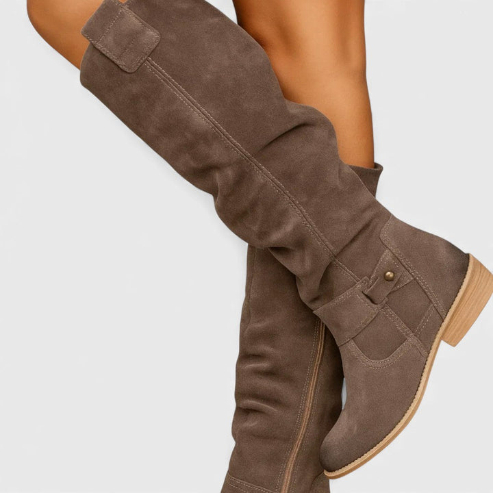 Bree™ dark brown suede tall boots with cushioned ankle panel and low heel