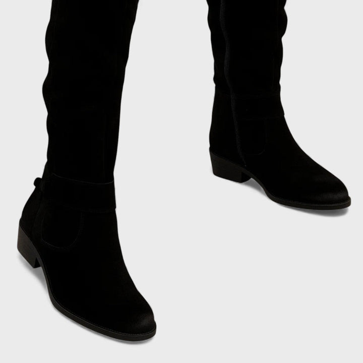 Bree™ black suede mid-calf boots with low heel and ankle strap detail