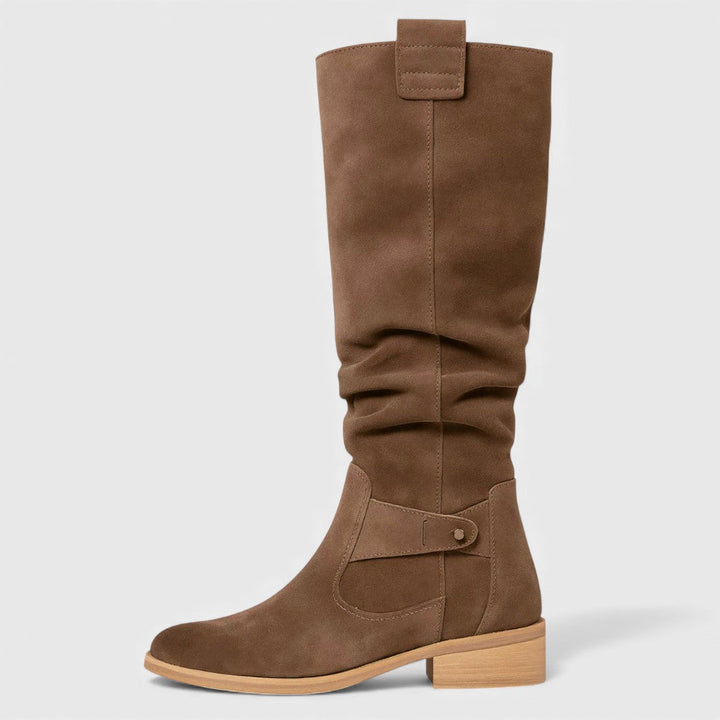 Bree™ brown suede knee-high boots with cuff strap and flat sole