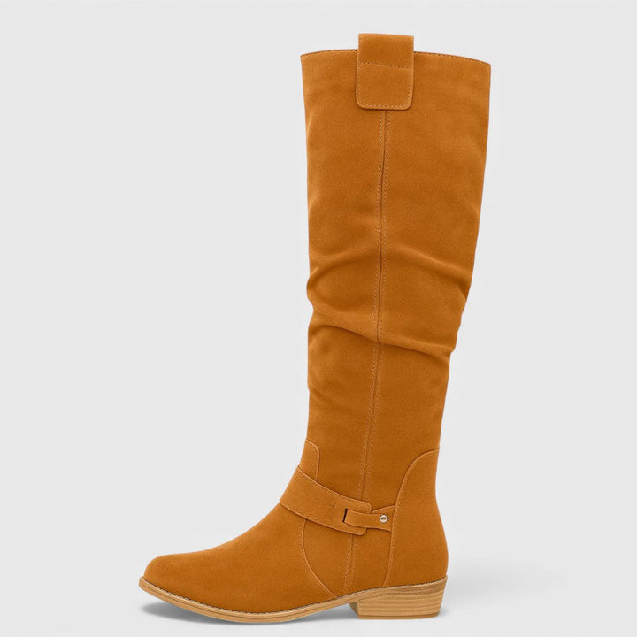 Bree™ mustard suede knee-high boots with buckle strap and low stacked heel